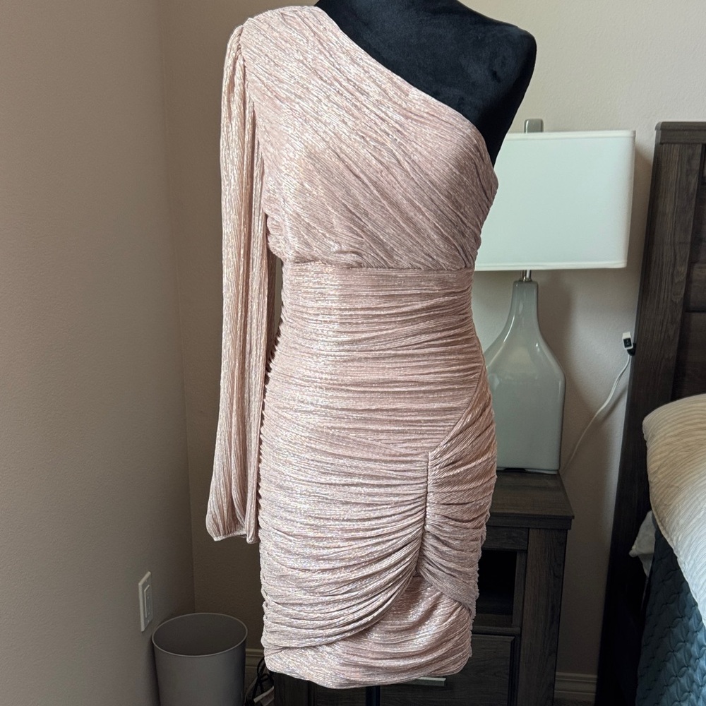 BCBGMaxAzria Shimmering One-Shoulder Dress in Blush